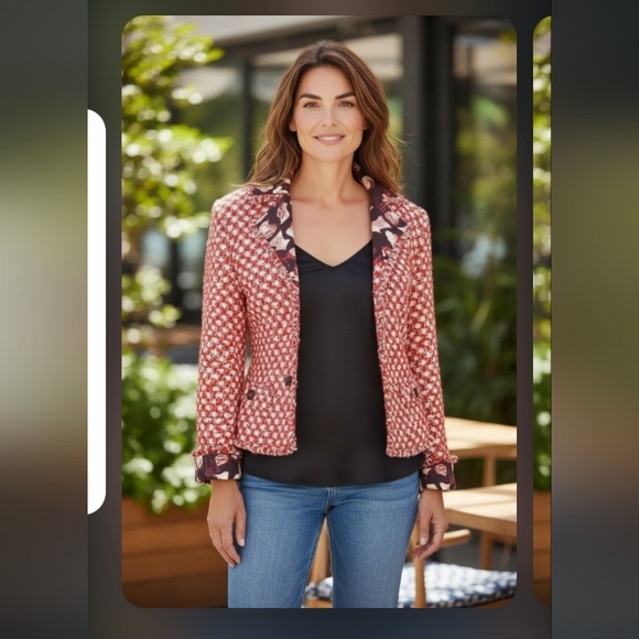 ESCADA 8 TWEED COTTON SILK BLEND BOUCLE METALLIC EYELASH RED WHITE BLACK  JACKET - Picture 16 of 16